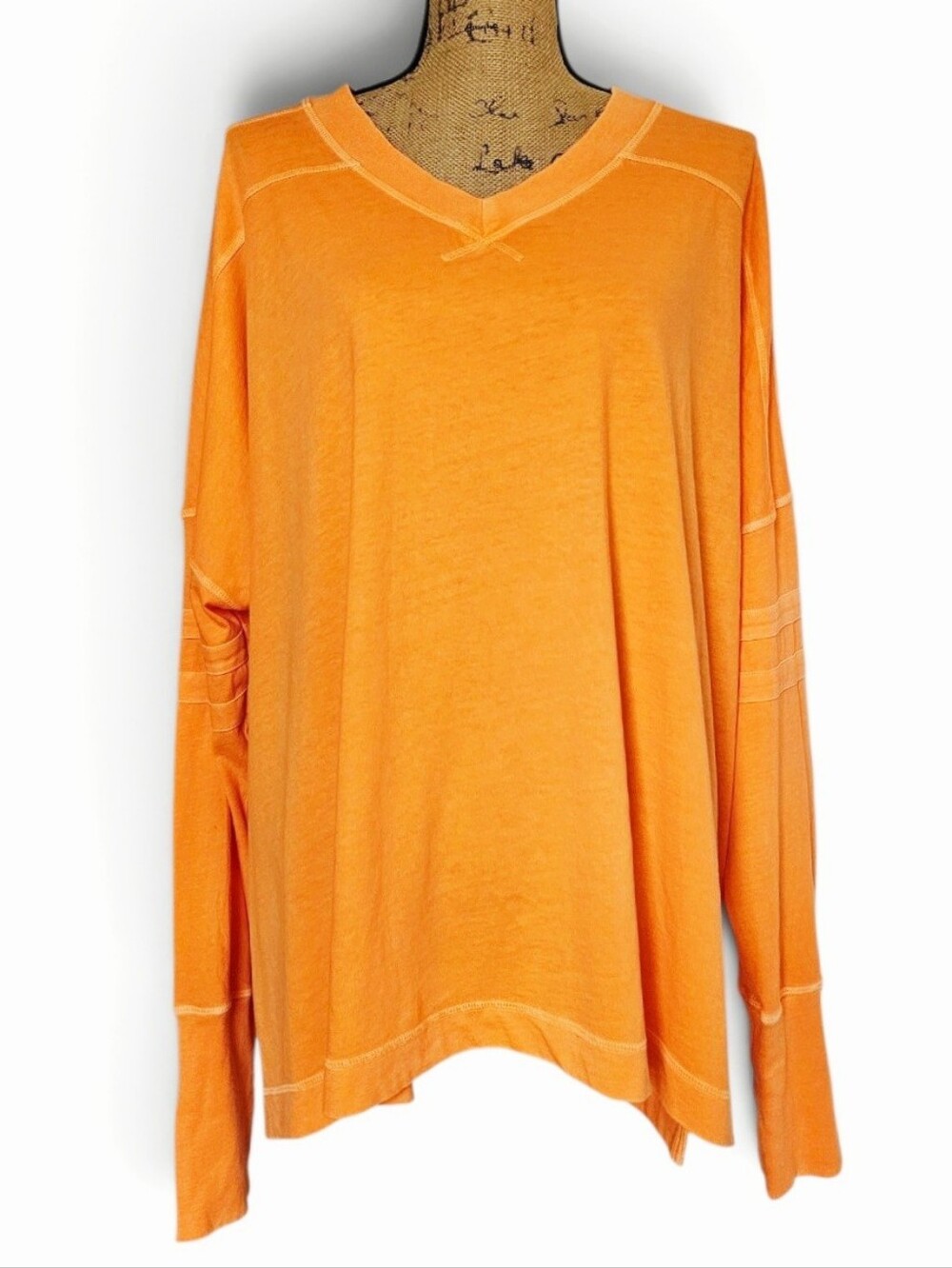 Free People Movement 100% Cotton Orange Oversized V-Neck Long Sleeve Top, XL
